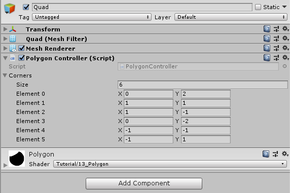 unity inspector where we can see the corner array